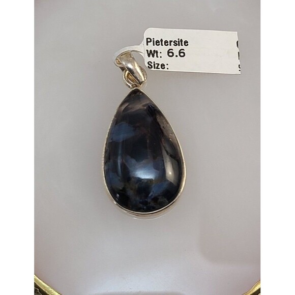 Sterling Silver Pietersite Pendant Teardrop Gemstone 925 Swirling Blue & Gold - Picture 3 of 6